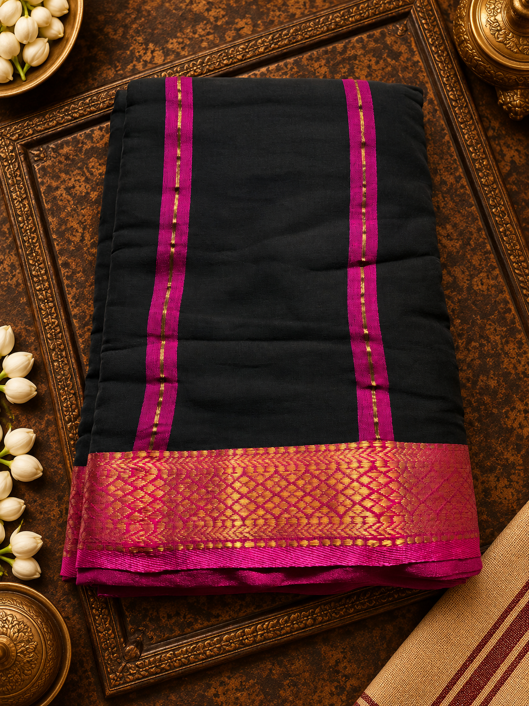 Black Mul Cotton Saree with Pink Zari Border
