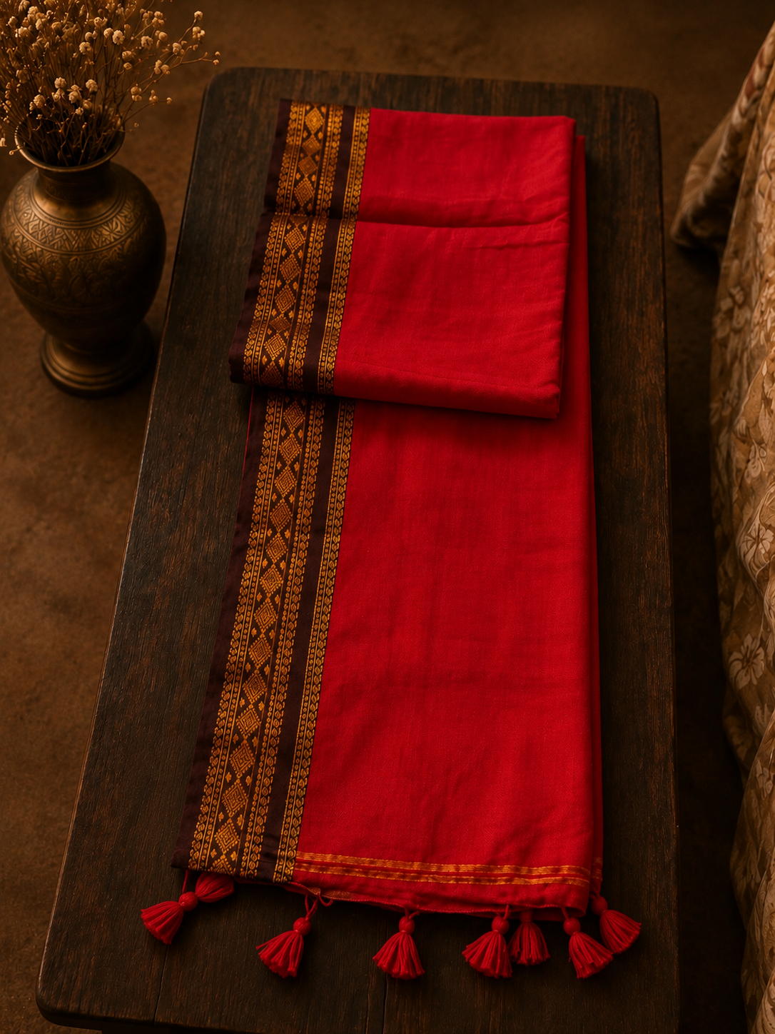 Red Mul Cotton Saree with Coffee Brown and Golden Zari Border