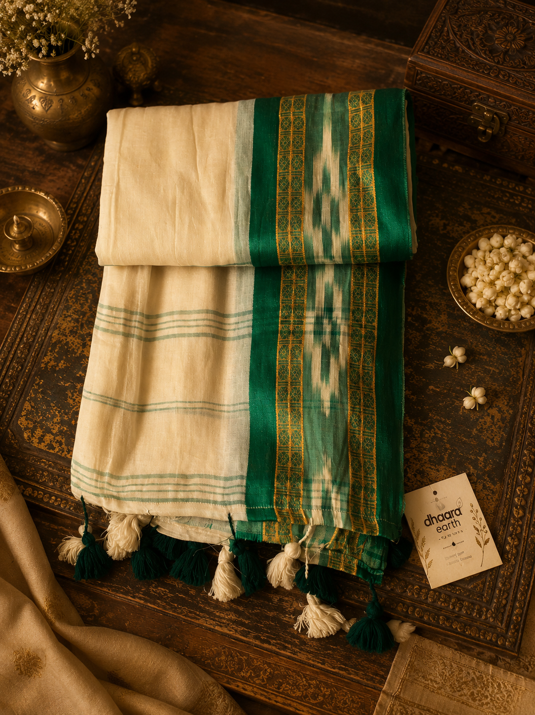 Off white mul cotton with green Ikkat style border