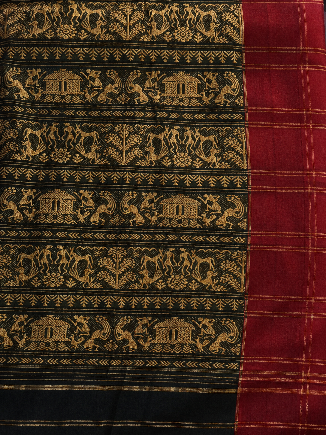 Bottle Green Handwoven Soft Cotton Saree with Warli Art of Community Life