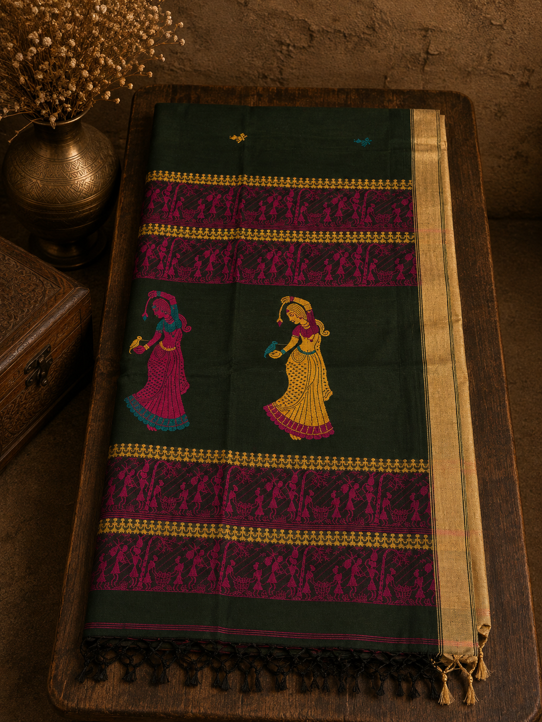 Bottle Green Handwoven Soft Cotton With Dancing Doll and Warli Folk Art Motif