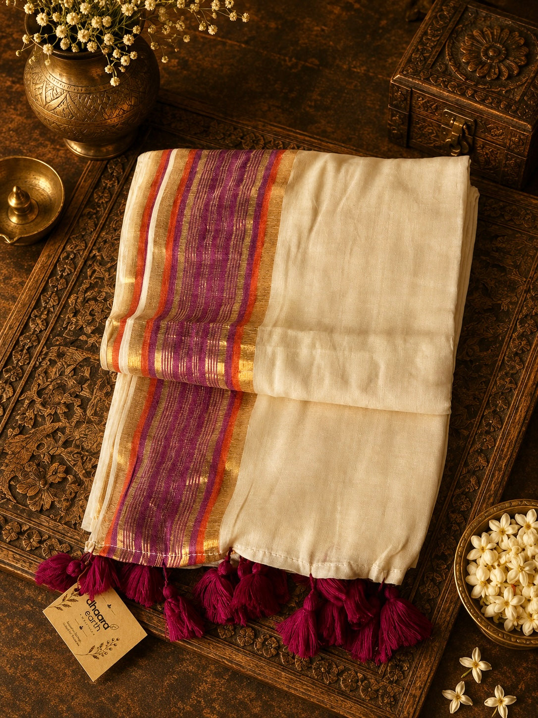 Off white mul cotton saree with purple golden zari border