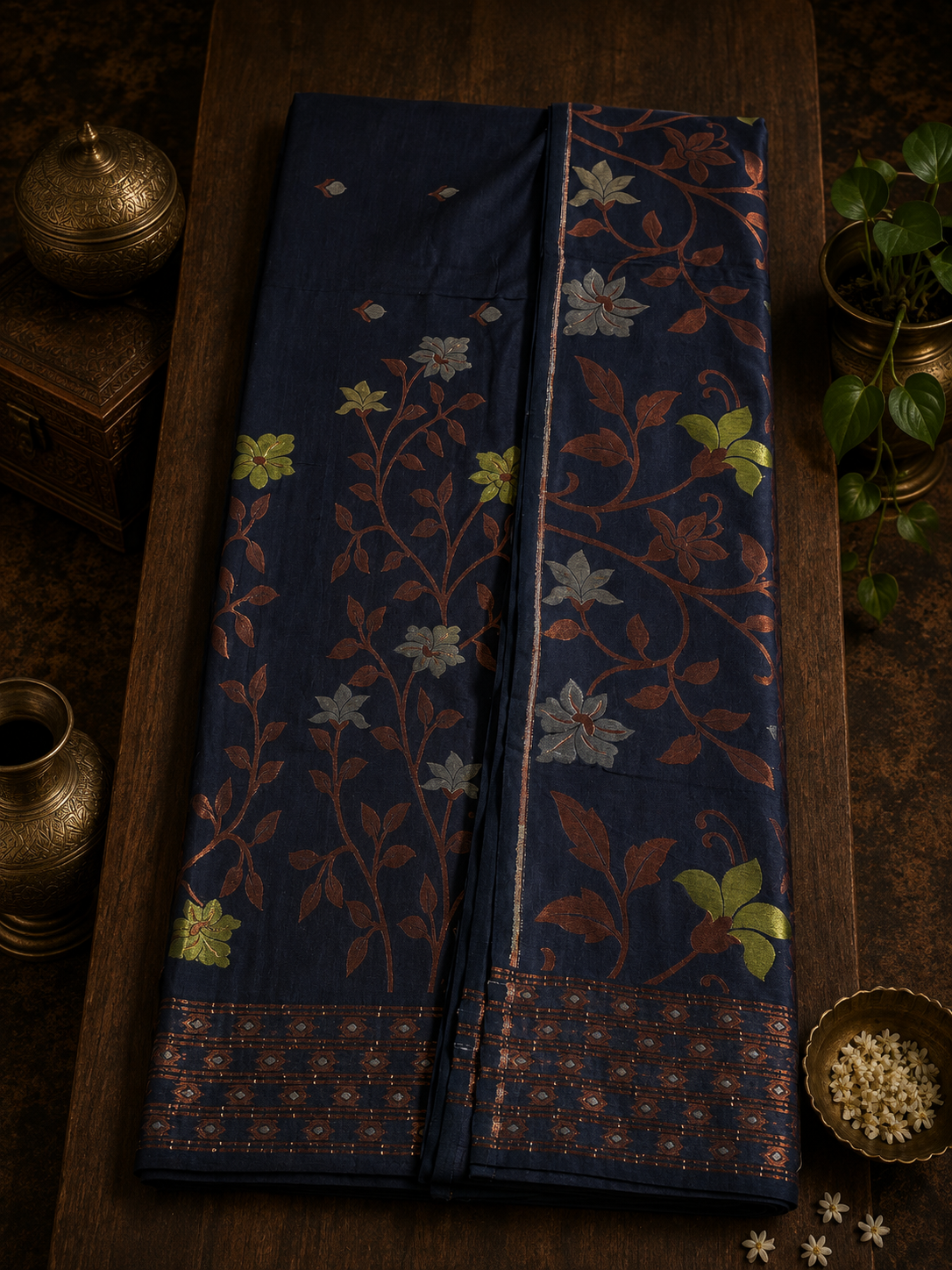 Navy Blue Handwoven Soft Cotton Saree with Paithani Motifs
