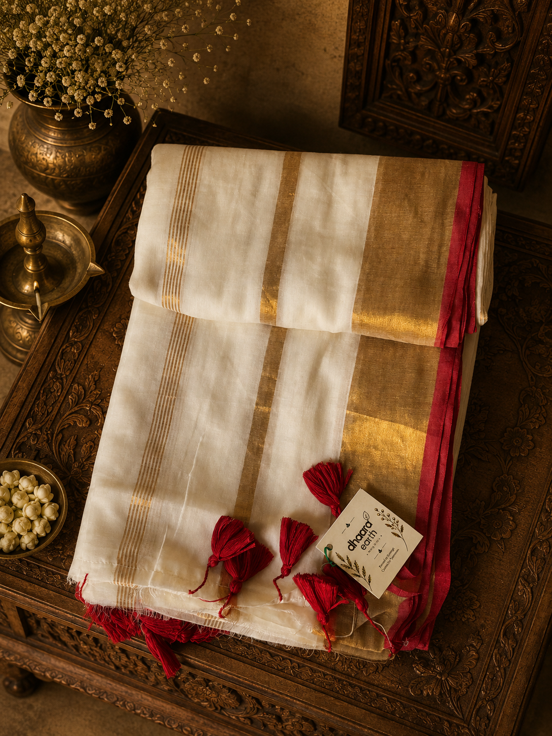 Off white mul cotton saree with golden zari stripes with red tassels