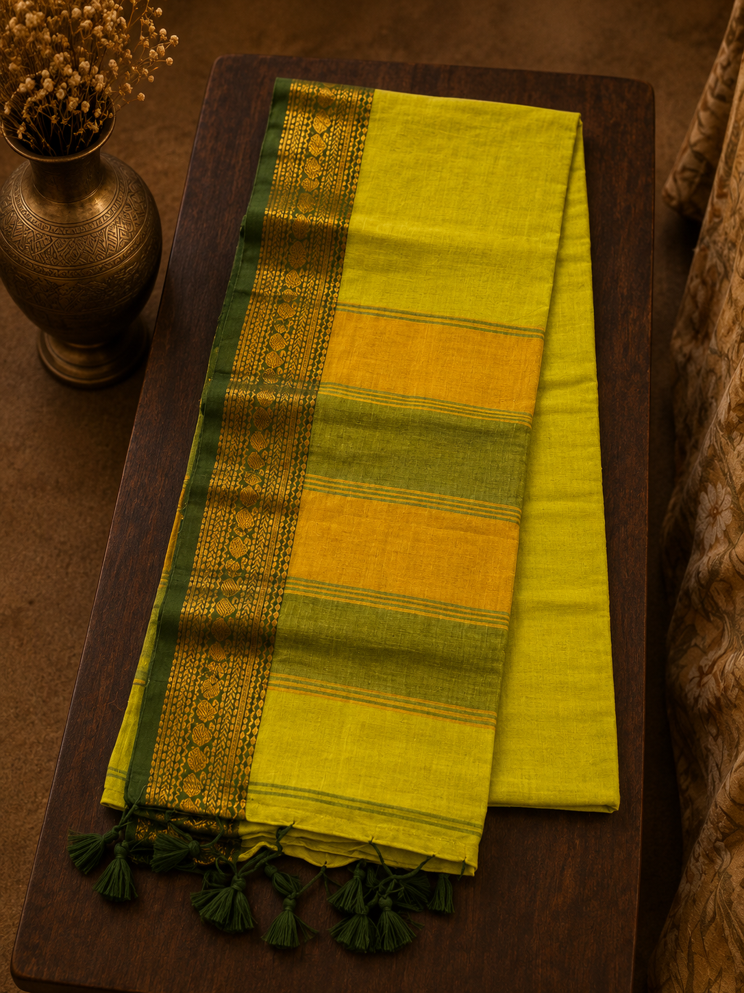 Lime Green Mul Cotton Saree with Dark Green with Golden Zari Border