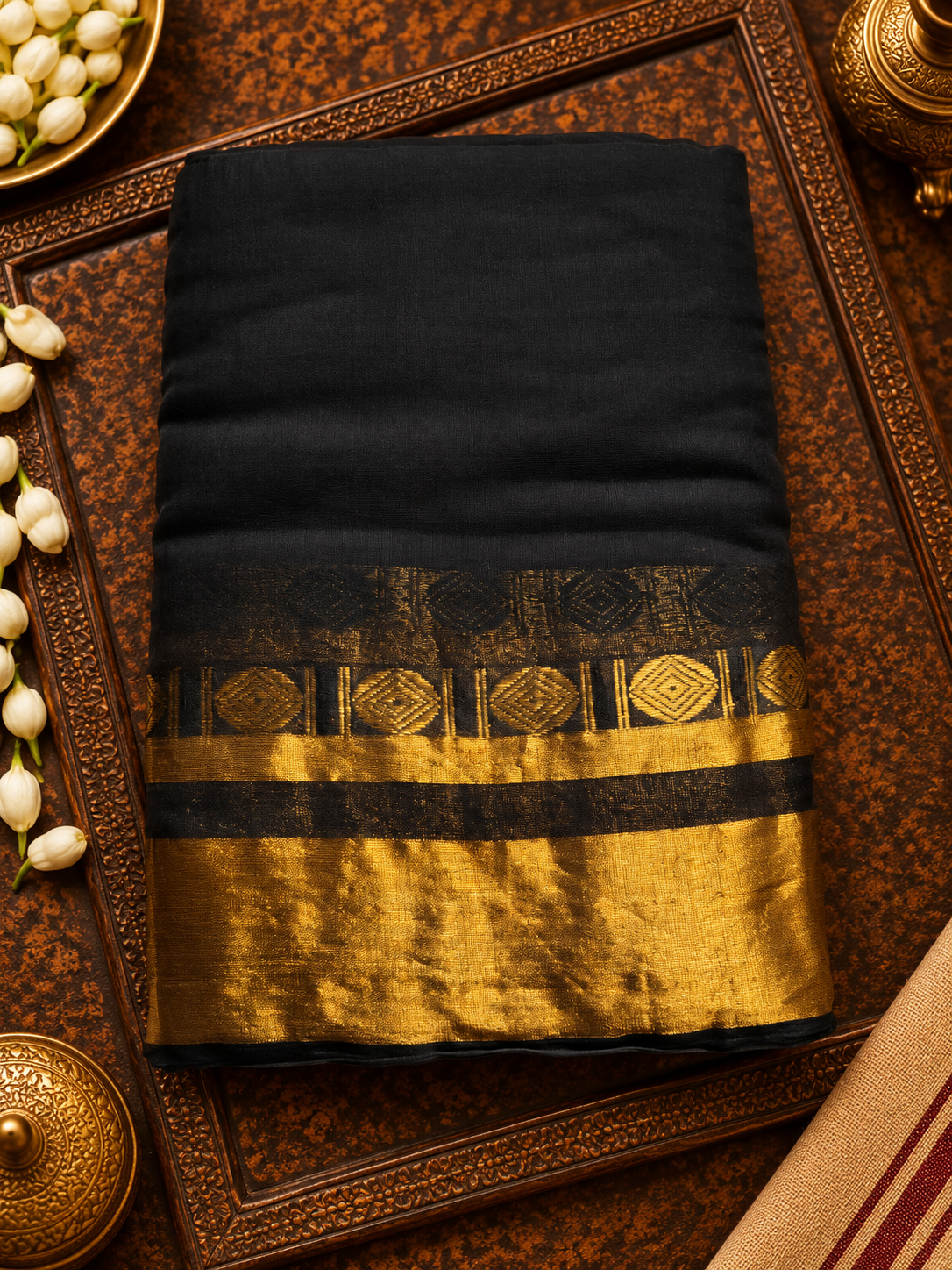 Black Mul Cotton Saree with Golden Zari Border