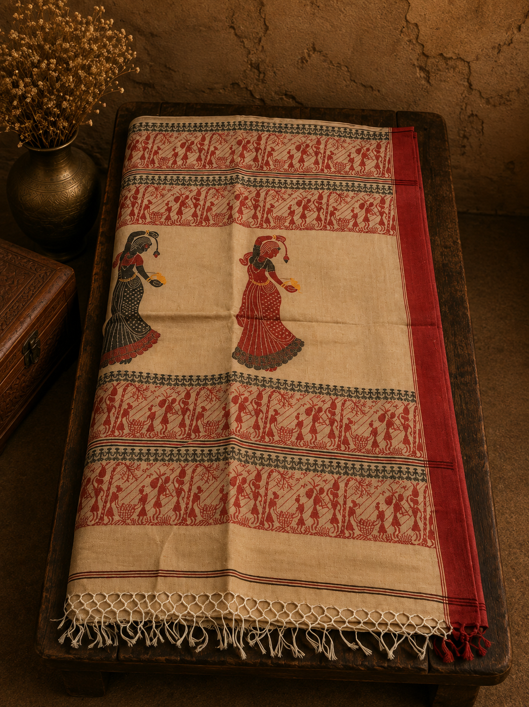 Beige Handwoven Soft Cotton Saree With Dancing Doll and Warli Folk Art Motifs