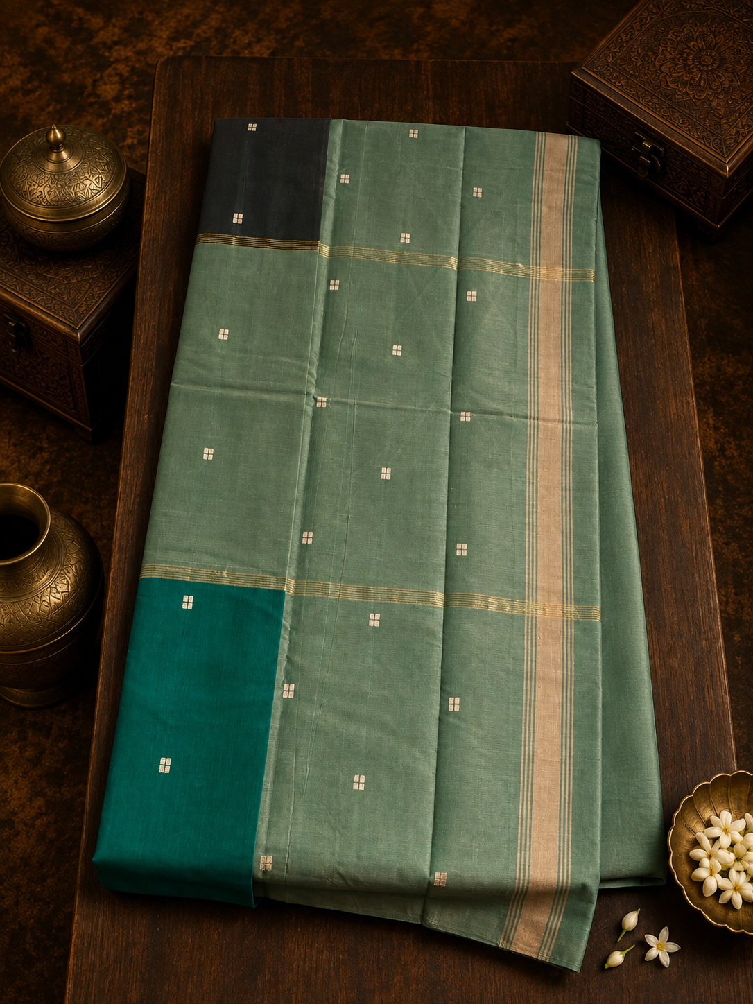 Mubbagam Handwoven Cotton Saree with Bottle Green, Sage Green, Green and Golden Zari Stripes