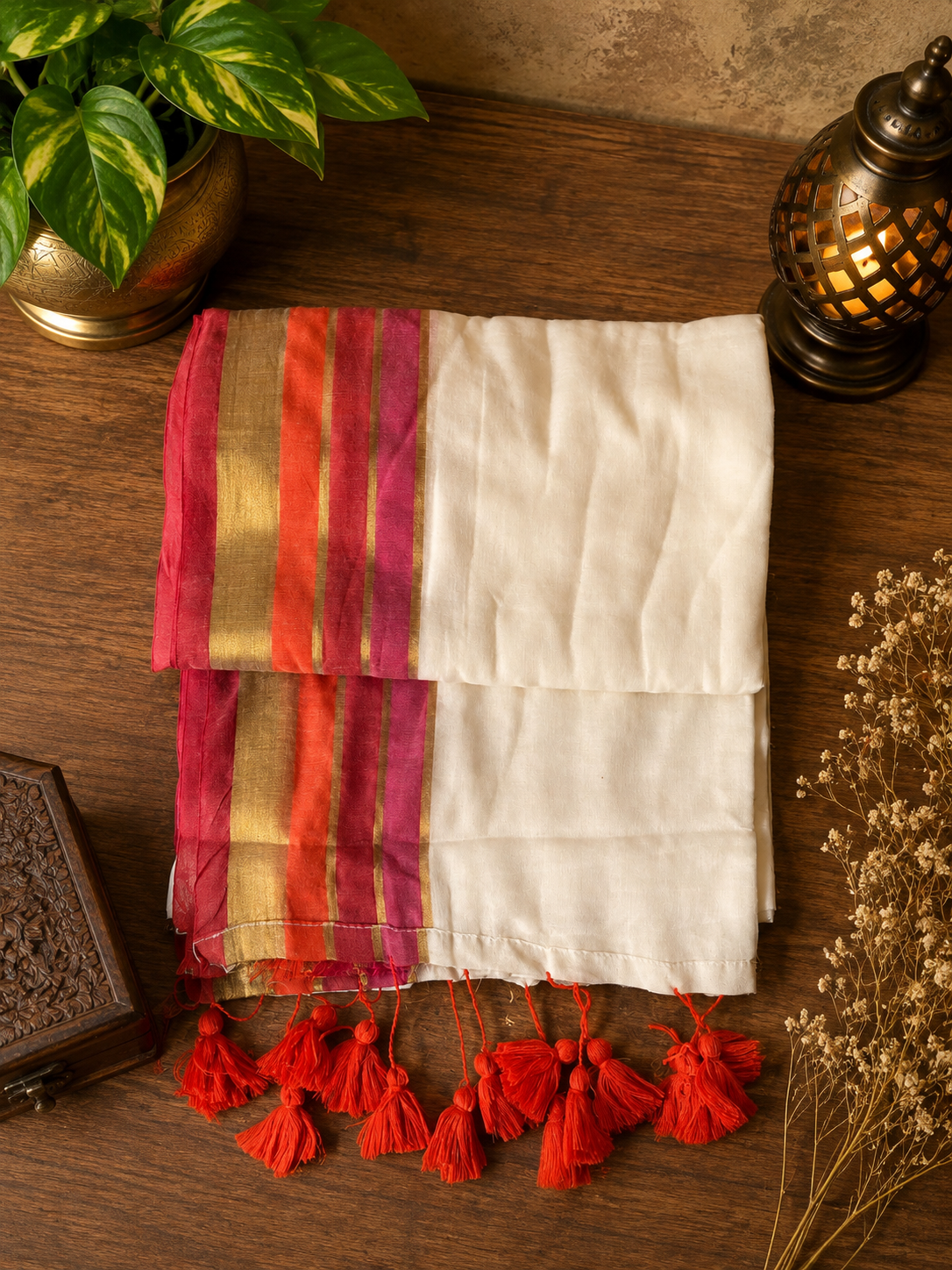 Off white mul cotton saree with pink, maroon, orange and golden zari border