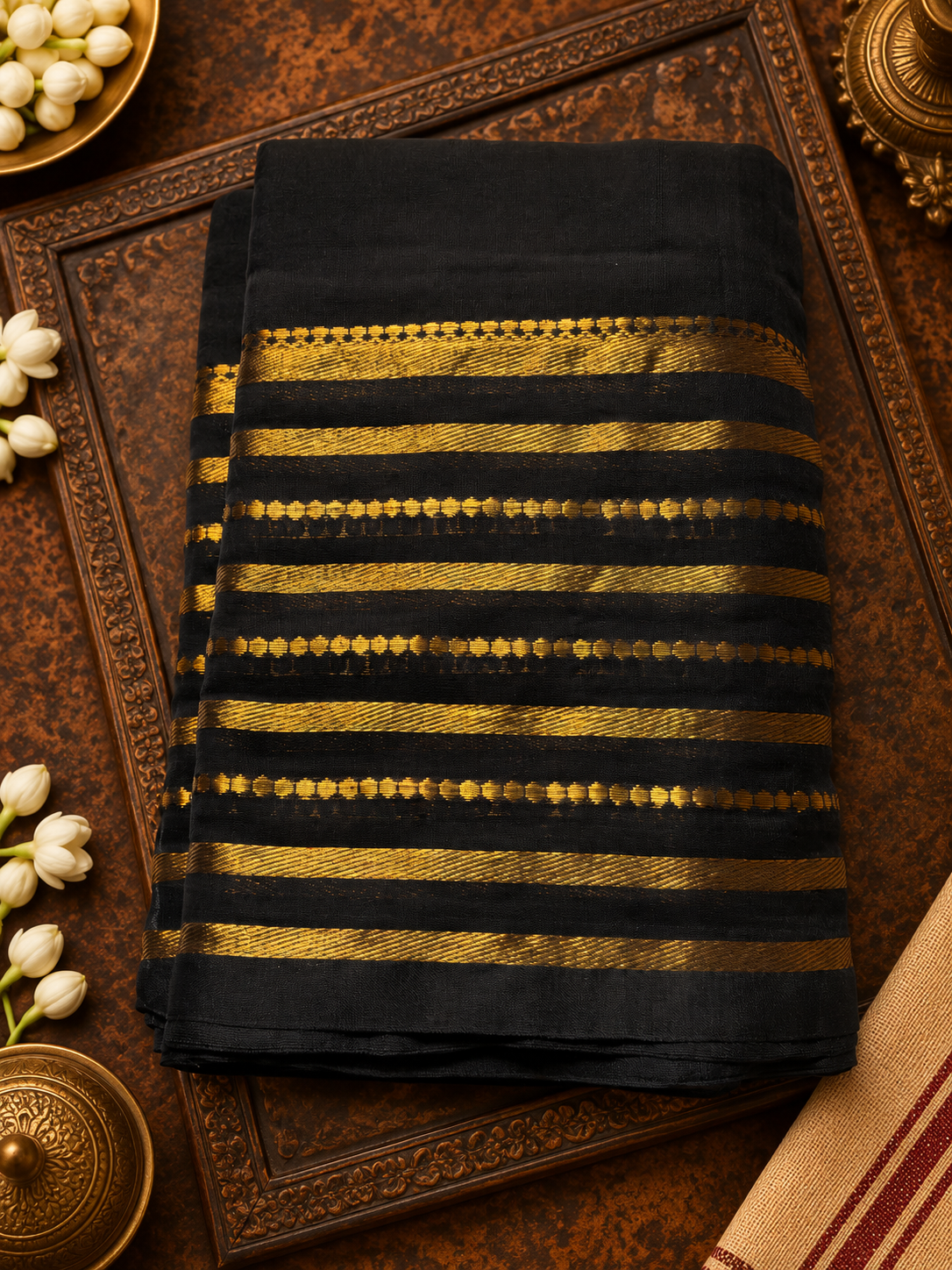 Black Mul Cotton Saree with Golden Stripes Border