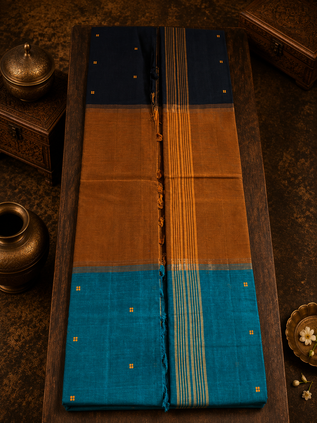 Mubbagam Handwoven Cotton Saree with Black, Mustard Yellow, Teal Blue and Golden Zari Stripes