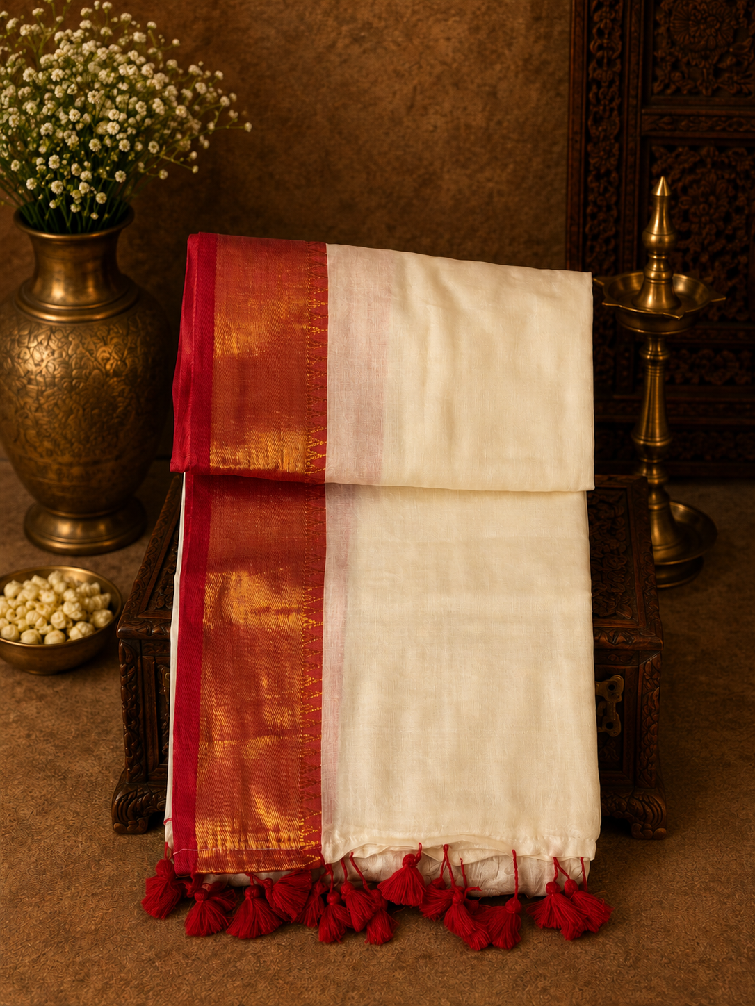 Off white mul cotton saree with red golden zari border