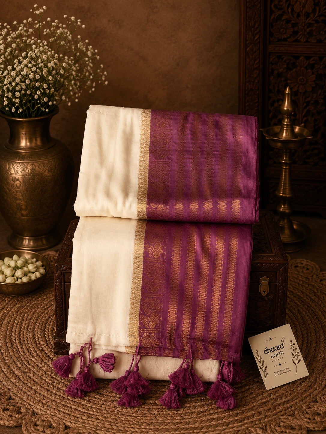 Off white mul cotton saree with purple golden stripes border