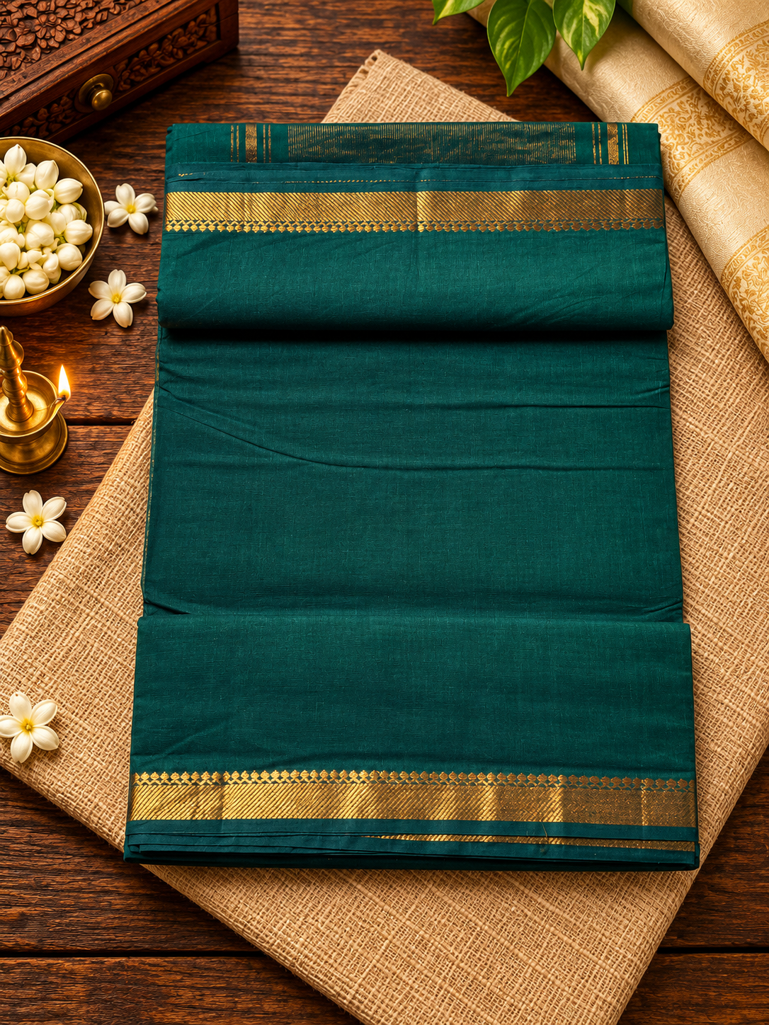 Bottle Green Pure Mangalagiri Cotton Saree
