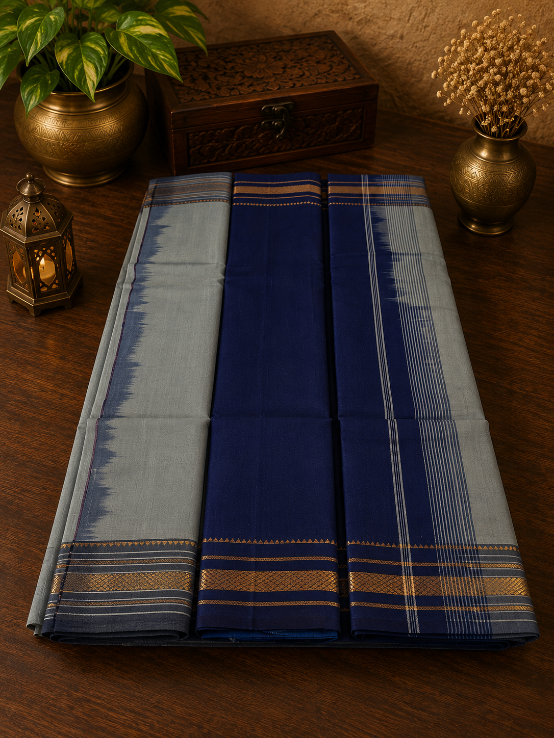 Sage Green Handwoven Cotton Saree with Violet Golden Zari Border