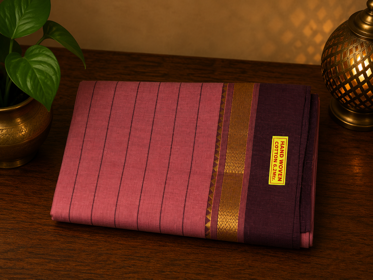 Pastel pink handwoven cotton saree with dark violet border and stripes