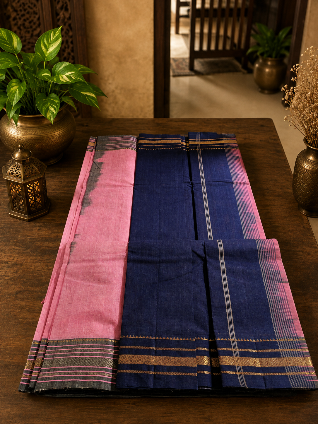 Soft Rose Pink Handwoven Cotton Saree with Violet and Golden Zari Border