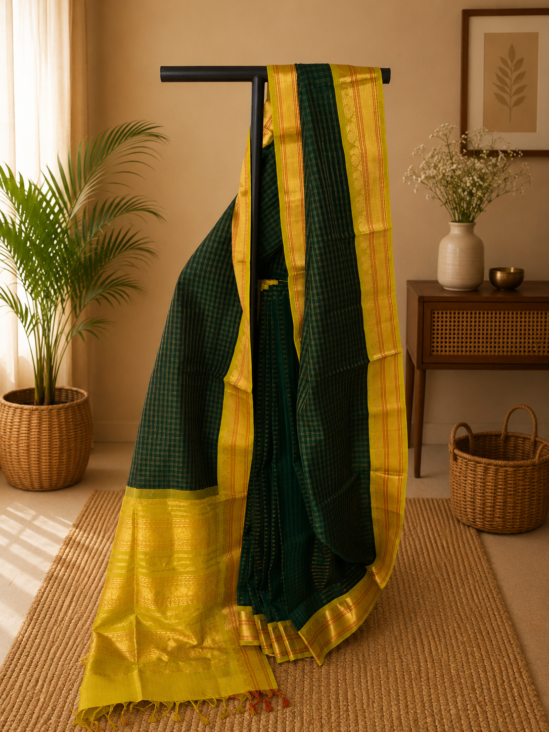 Bottle green handwoven cotton silk saree with golden zari checks and yellow golden zari border