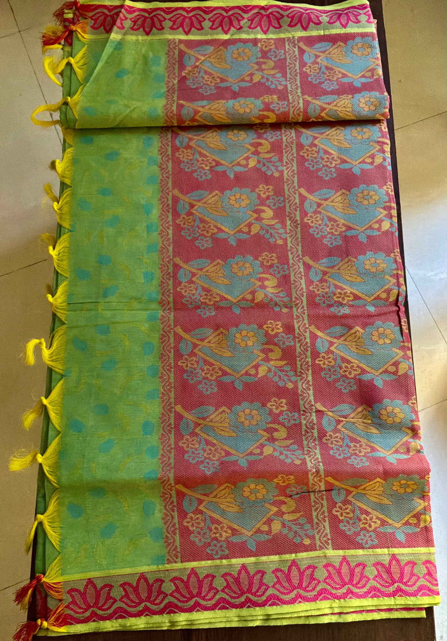 Light Green with Blue Floral Motif Pure Cotton Saree with Rose Pink Rich Pallu