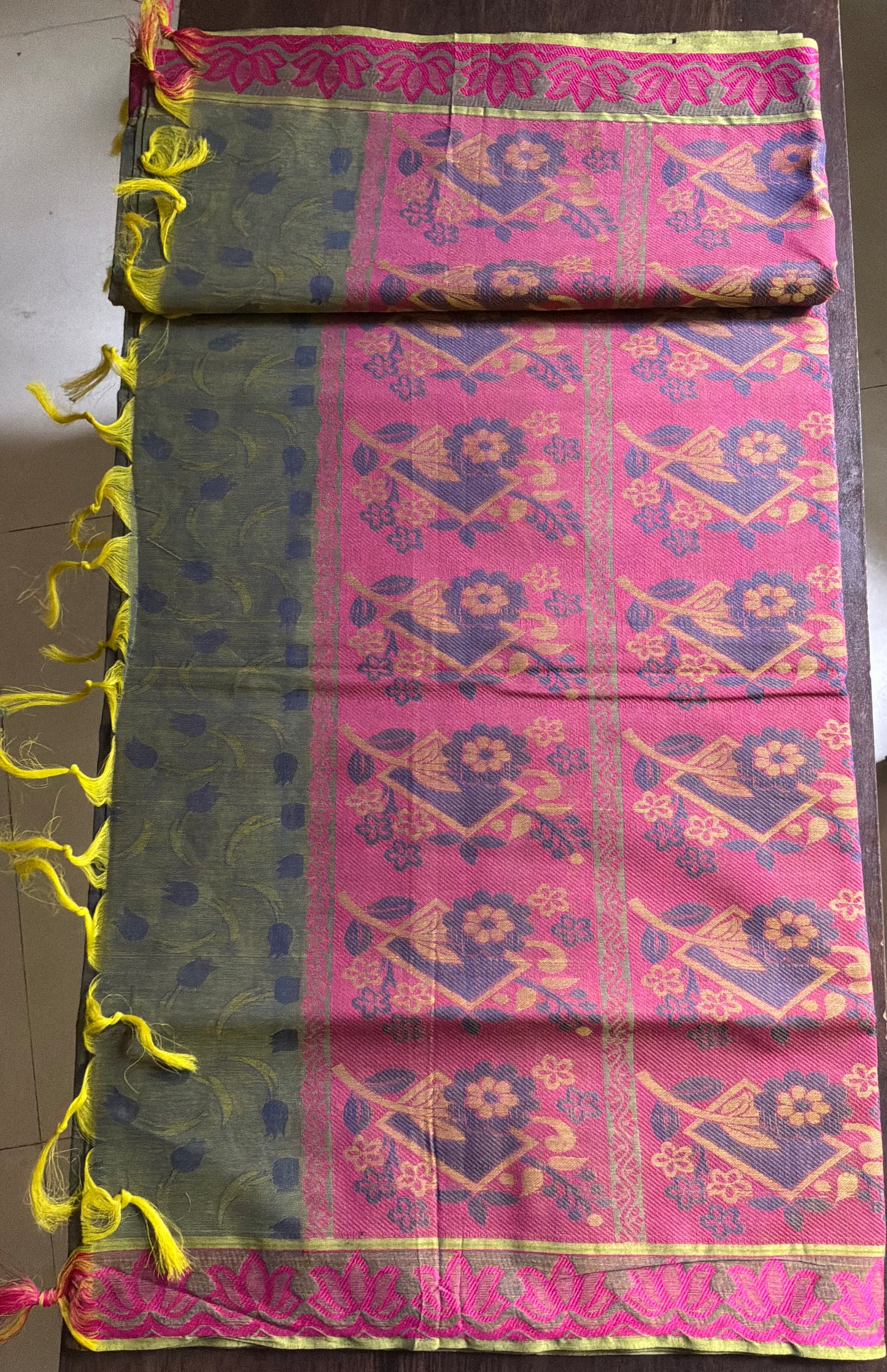 Olive Green and Navy Blue Floral Motifs Pure Cotton Saree with Rose Pink Rich Pallu