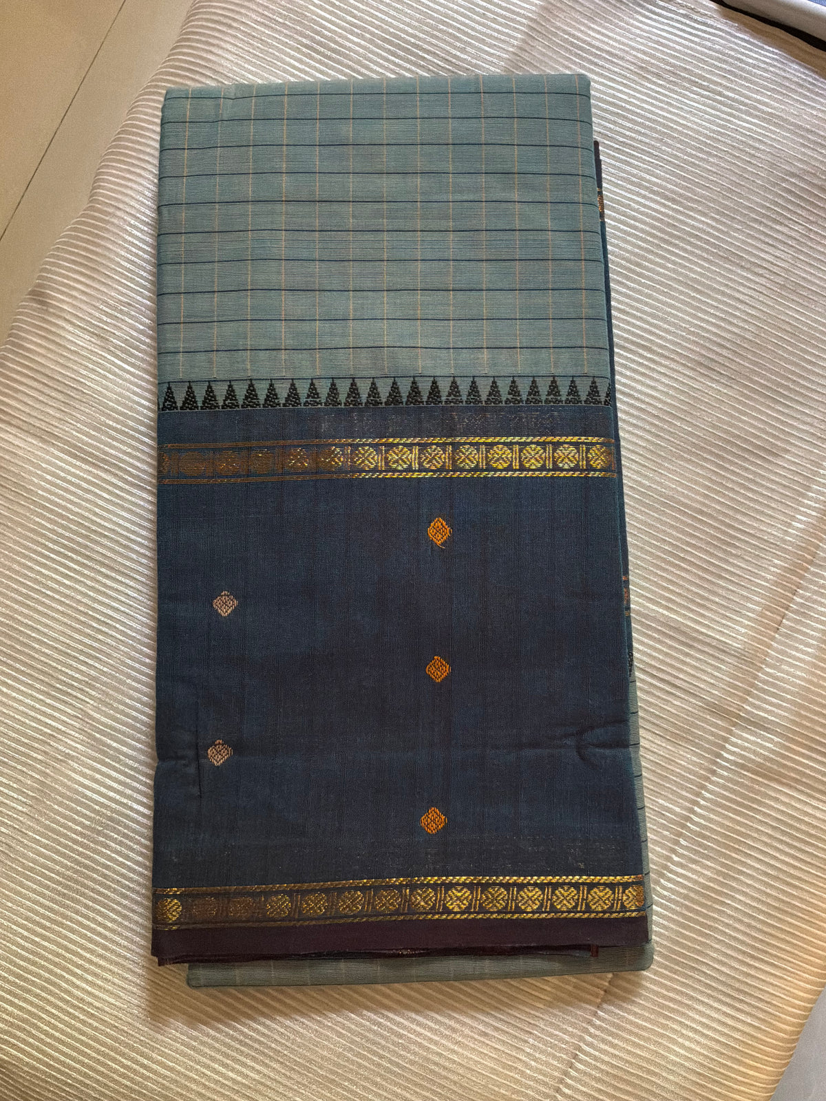 Blue Grey Checks Pure Cotton Saree With Teal Blue Border