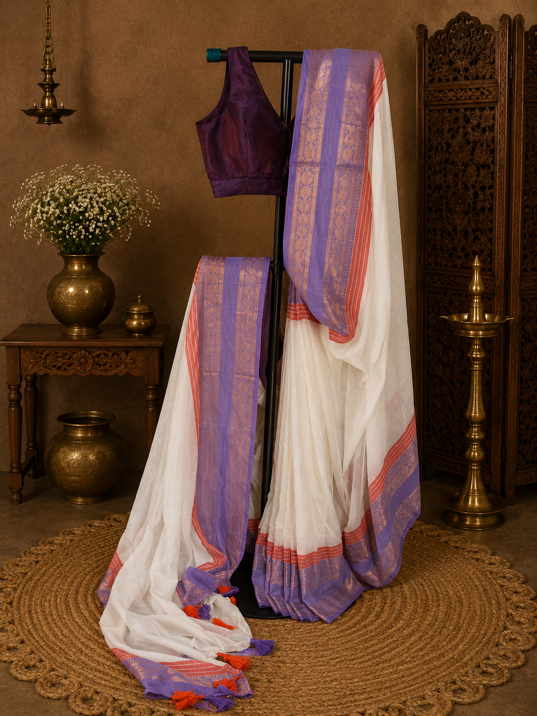 Off white mul cotton saree with purple, red and golden zari border