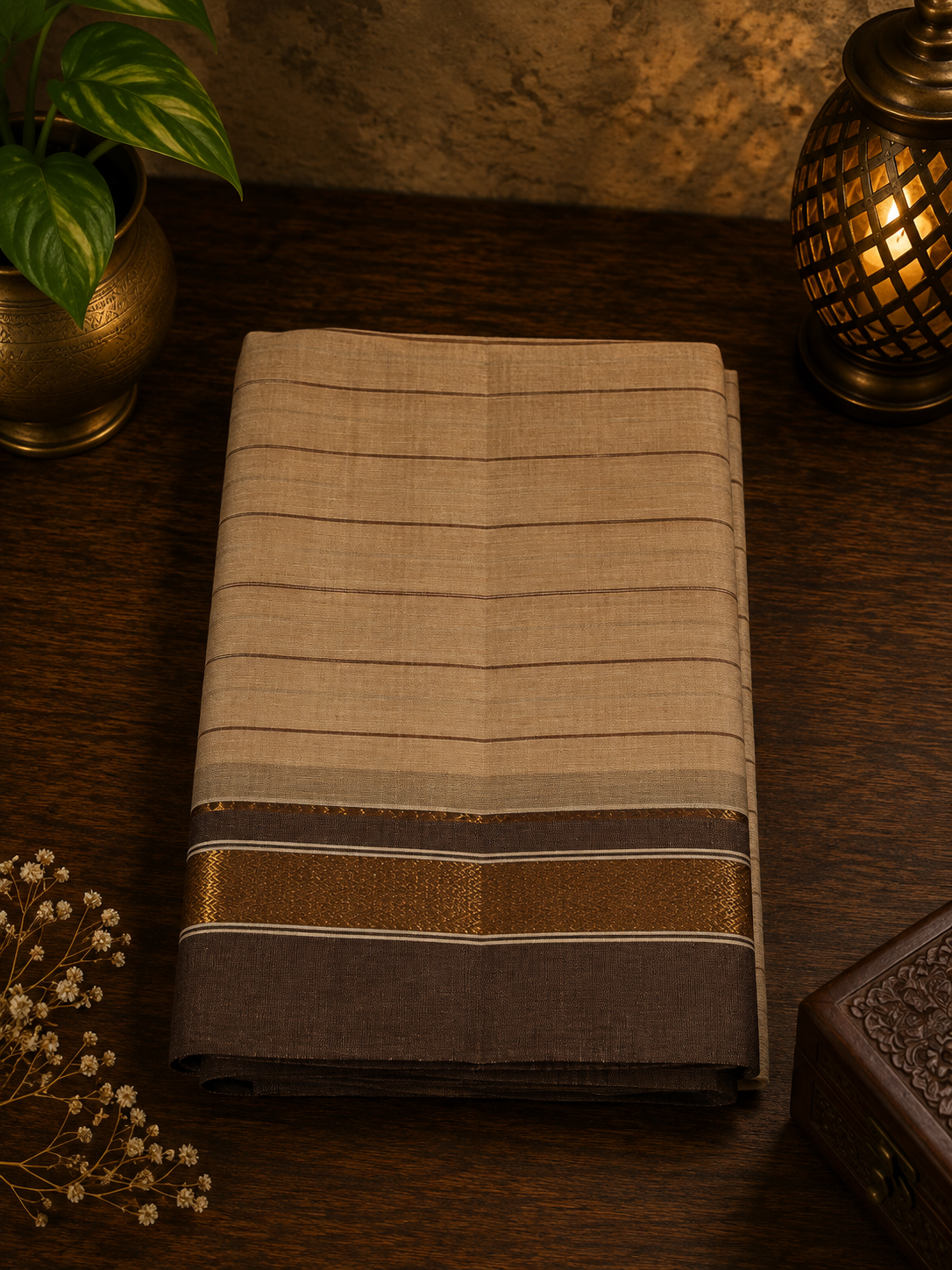 Oatmeal beige handwoven cotton saree with coffee brown and purple, golden zari border and stripes