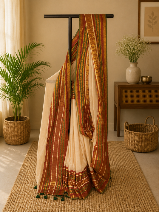 Natural beige Mul Cotton Saree with Traditional South Blend maroon and olive green zari border