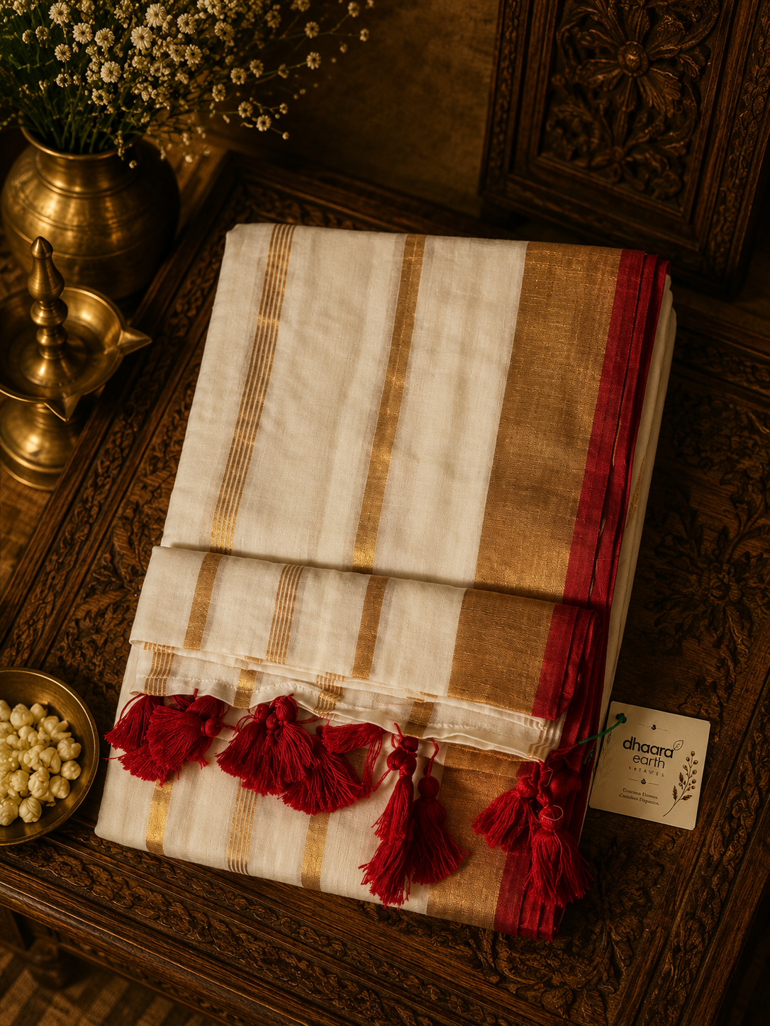 Off white mul cotton saree with golden stripes and red selvage