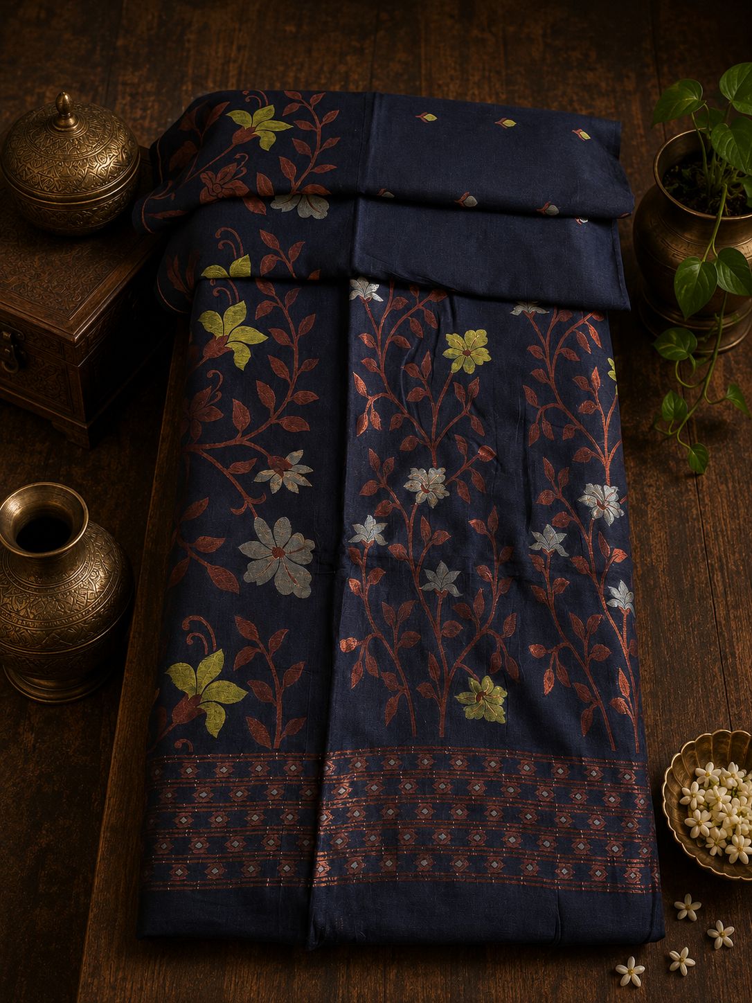 Navy Blue Handwoven Soft Cotton Saree with Paithani Motifs