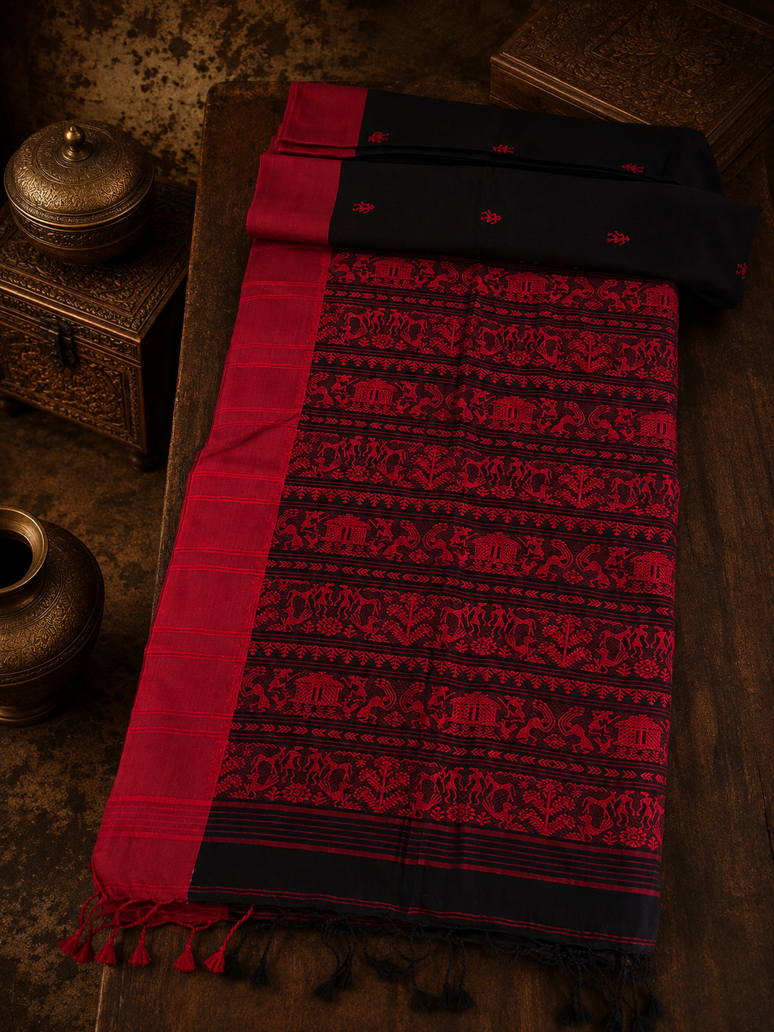 Black Handwoven Soft Cotton Saree with Warli Art of Community Life
