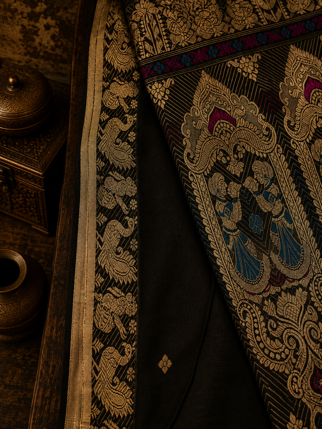 Black Jacquard Handwoven Soft Cotton Saree With Diamond Butta