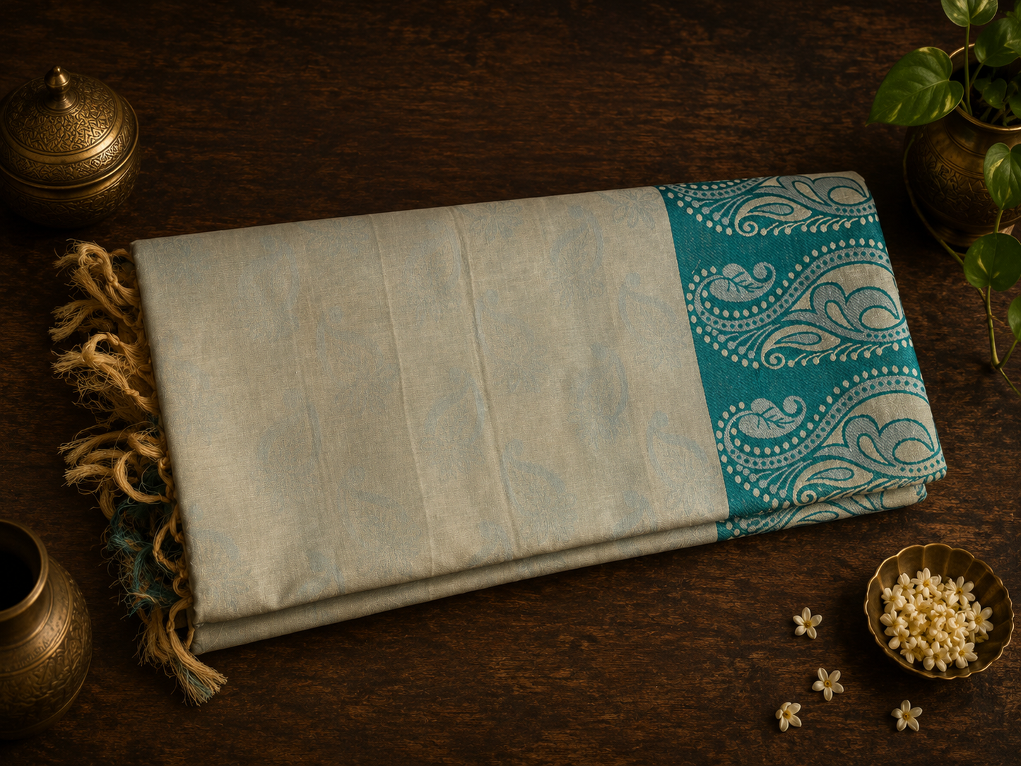 Teal Blue and Off-White Dual-Tone Pure Cotton Saree With Rich Pallu
