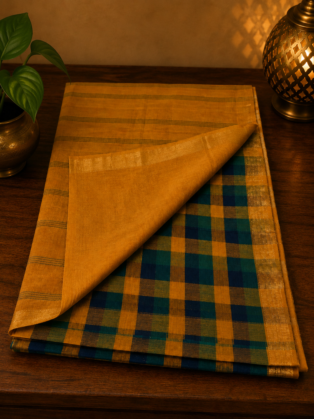 Handwoven cotton saree with green, blue, mustard yellow checks and golden border