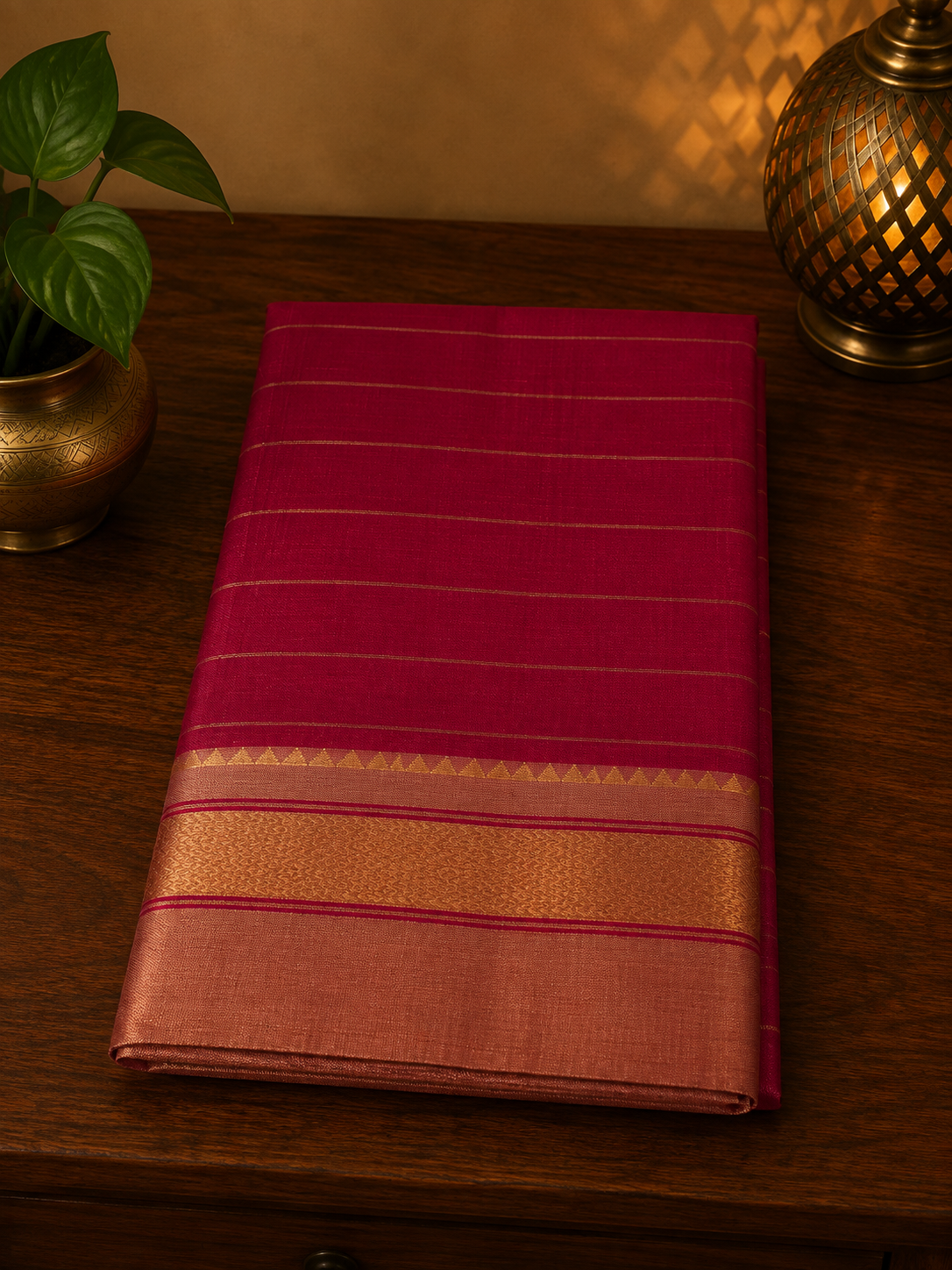 Red handwoven cotton saree with beige stripes on the body, beige and golden zari border