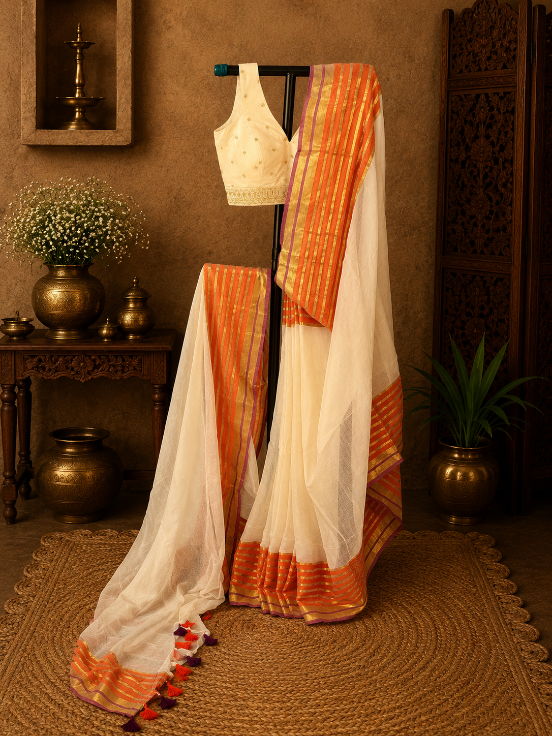 Off white mul cotton saree with orange and golden zari stripes border