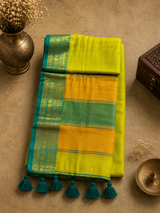 Lime Green Mul Cotton Saree with Sea Green and Golden Zari Border