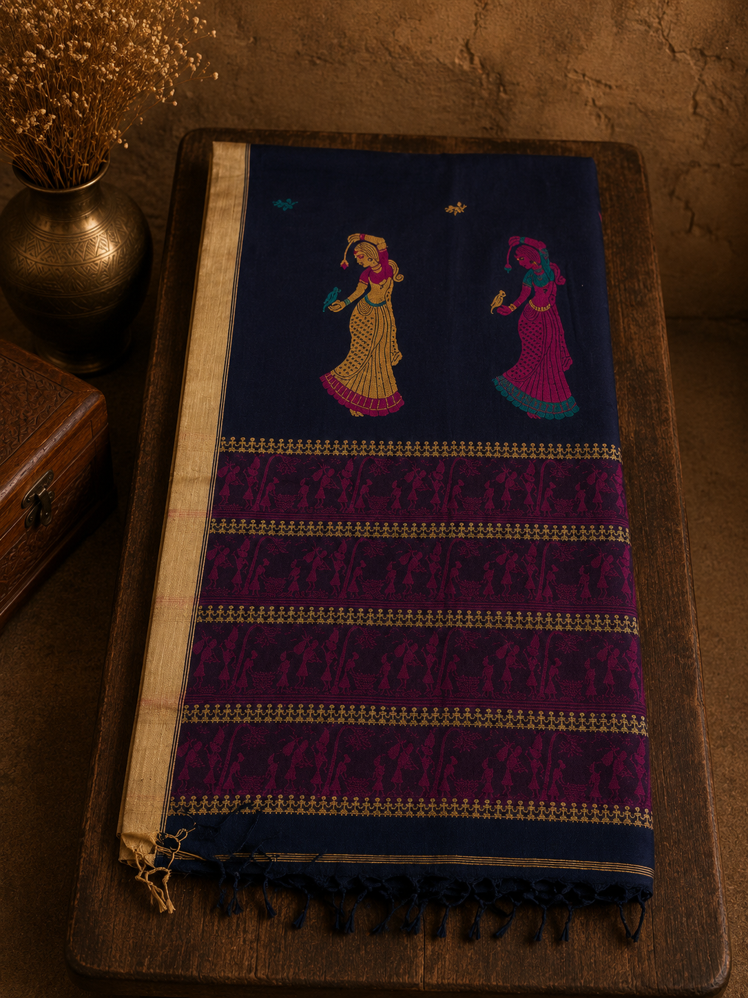 Navy Blue Handwoven Soft Cotton Saree With Dancing Doll and Warli Folk Art Motif
