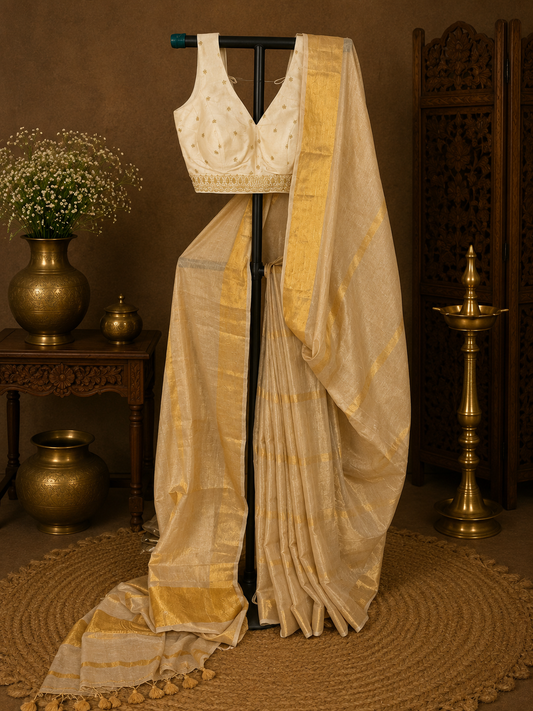 Beige golden pure cotton tissue saree