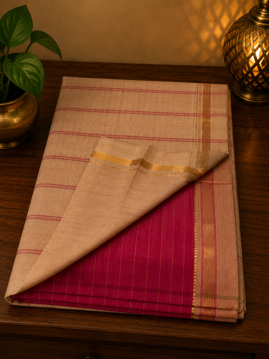 Red handwoven cotton saree with beige stripes on the body, beige and golden zari border