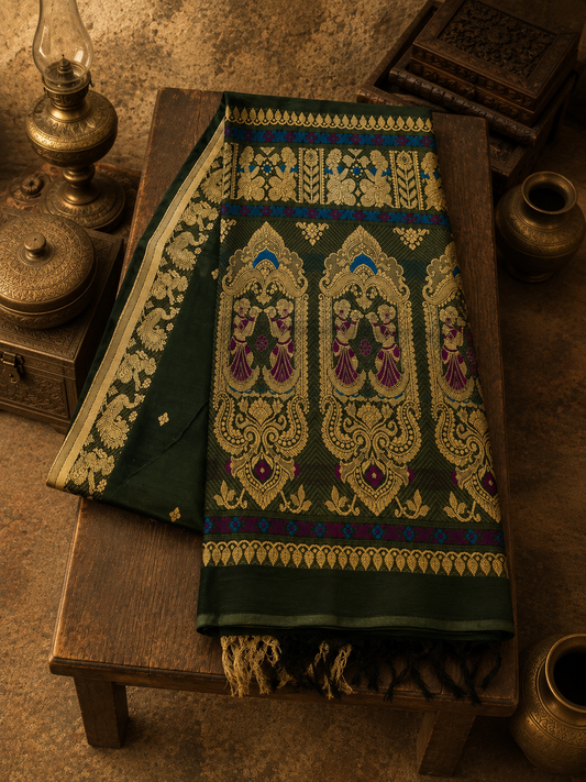 Olive Green Jacquard Handwoven Soft Cotton Saree with Traditional Motifs
