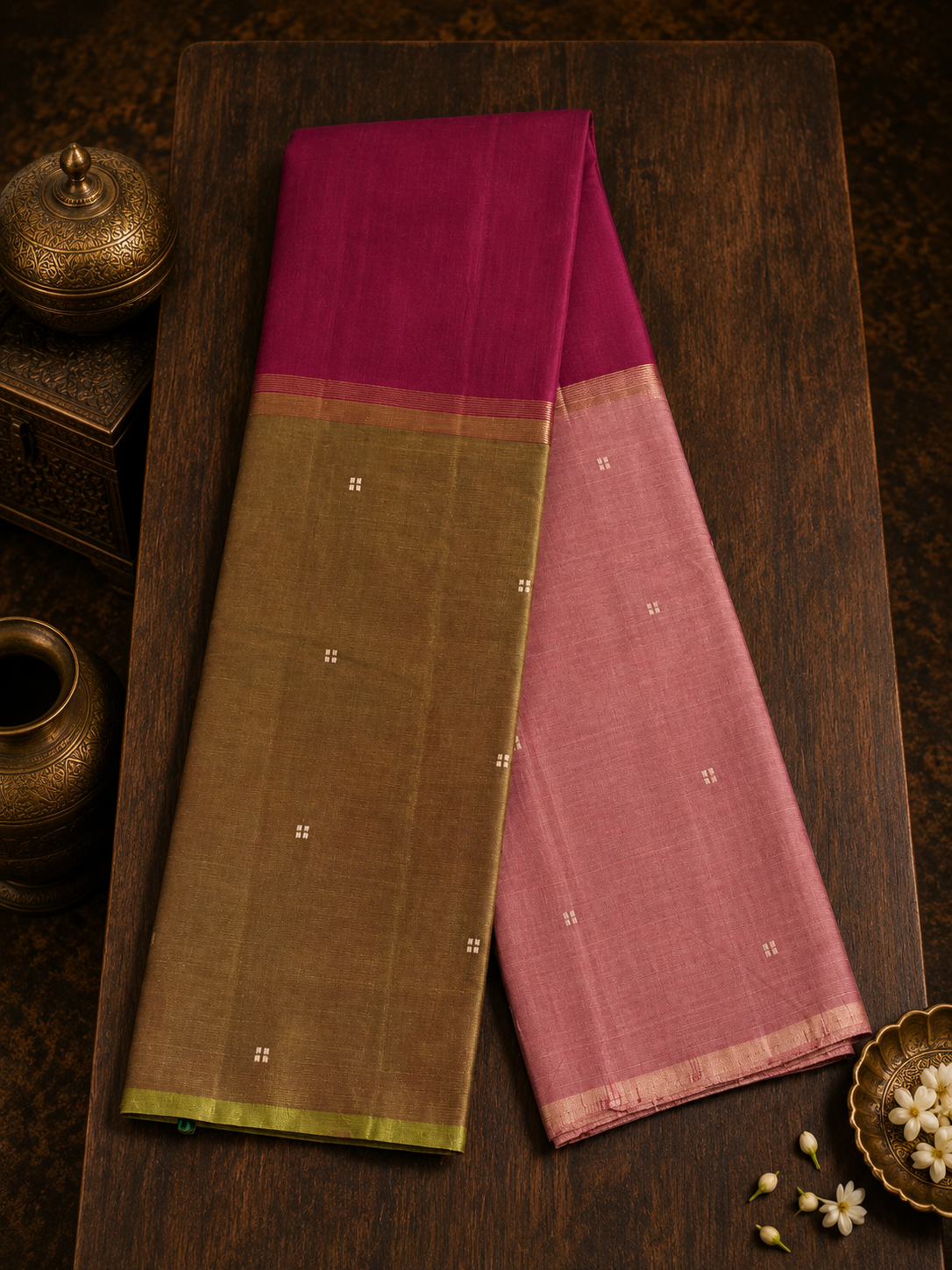 Mubbagam Handwoven Cotton Saree with Olive Green, Royal Magenta, Dusty Rose and Golden Zari Stripes