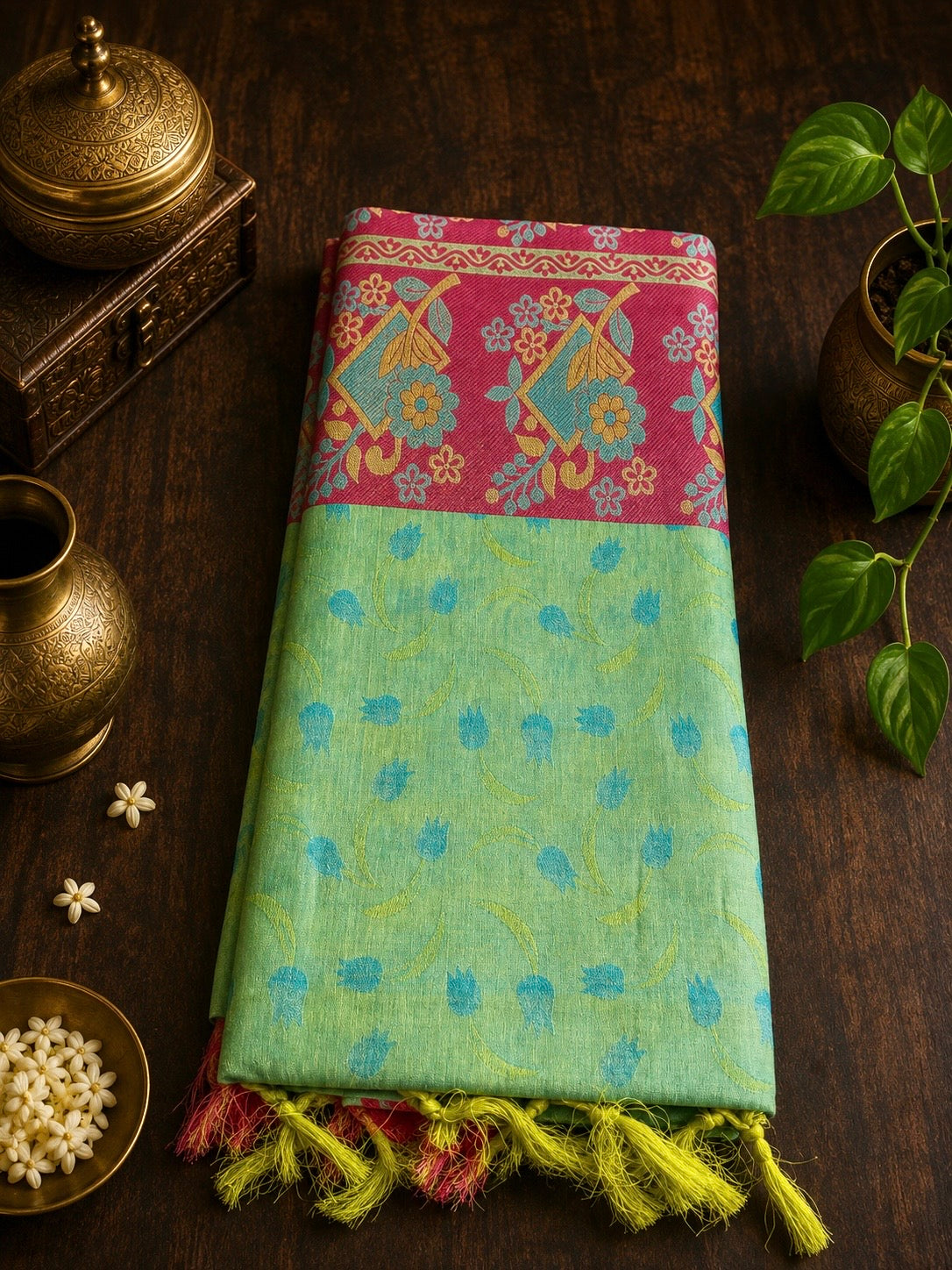 Light Green with Blue Floral Motif Pure Cotton Saree with Rose Pink Rich Pallu