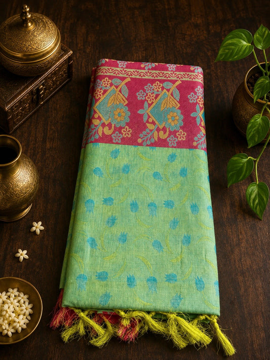 Light Green with Blue Floral Motif Pure Cotton Saree with Rose Pink Rich Pallu