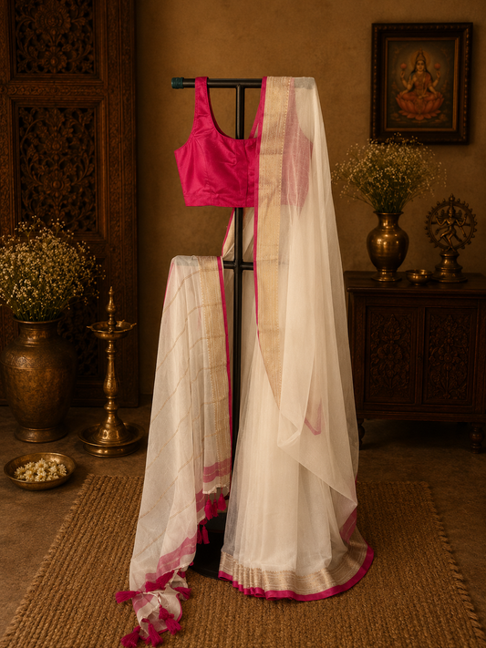 Off white mul cotton saree with pink and golden zari border