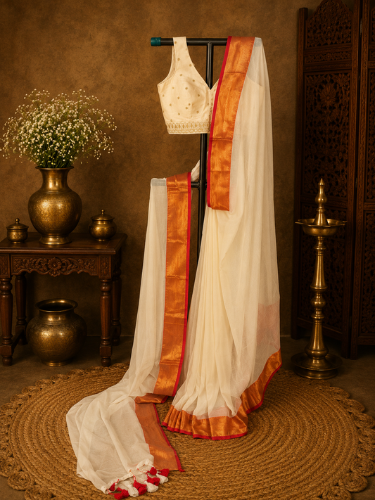 Off white mul cotton saree with red golden zari border