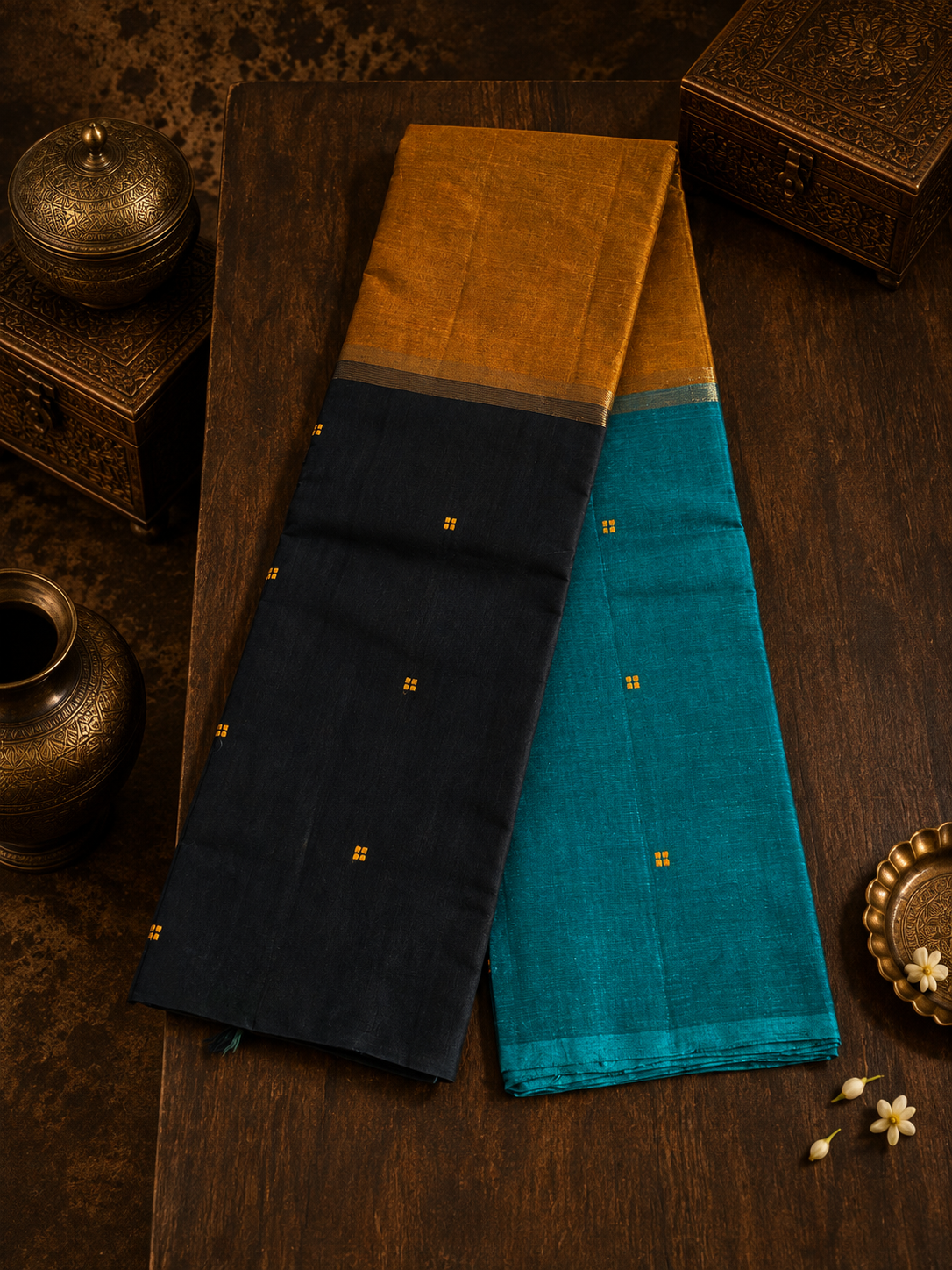 Mubbagam Handwoven Cotton Saree with Black, Mustard Yellow, Teal Blue and Golden Zari Stripes