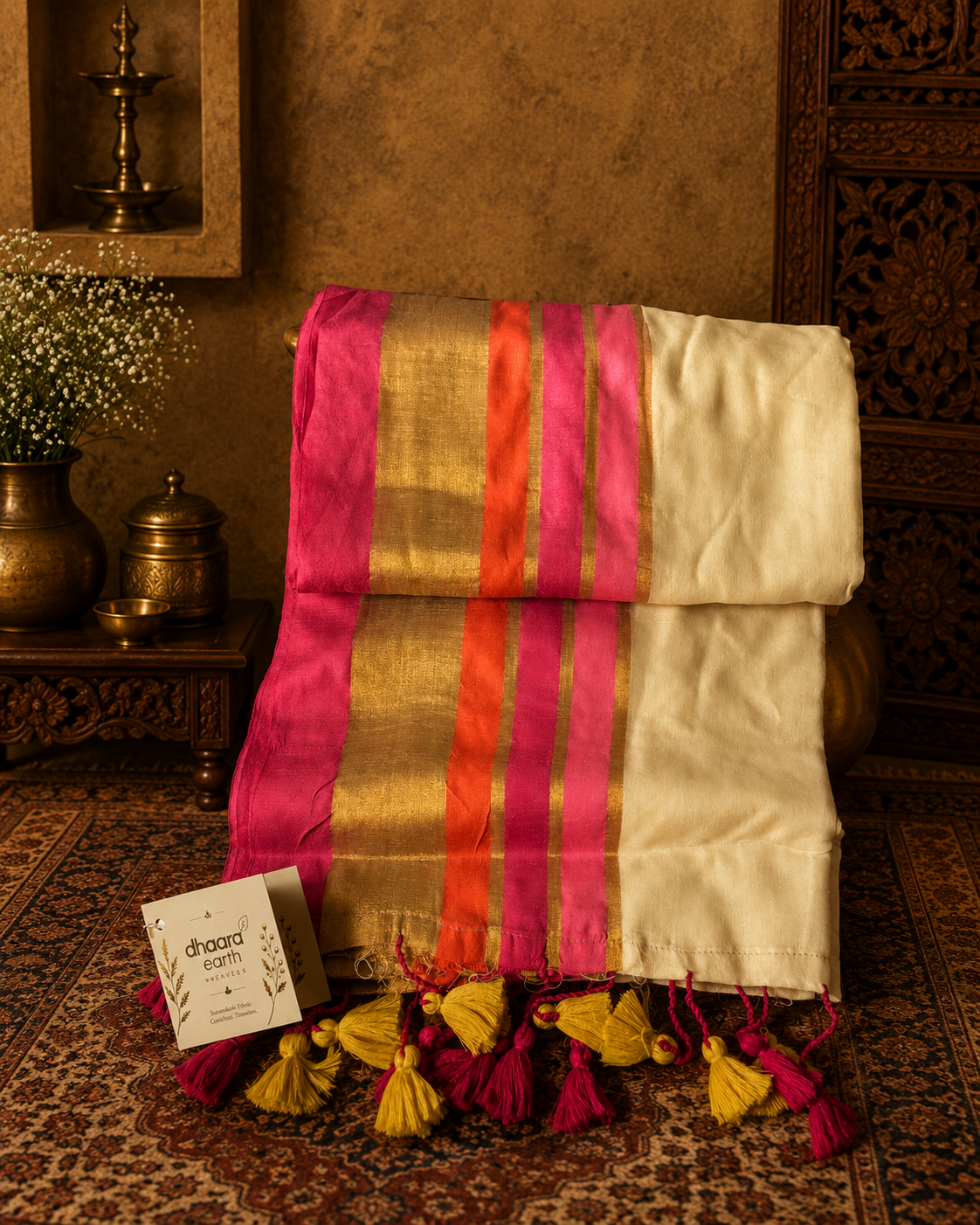 Off white mul cotton saree with pink, orange and golden zari stripes