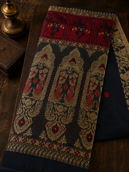 Navy Blue Jacquard Handwoven Soft Cotton Saree with Traditional Motifs