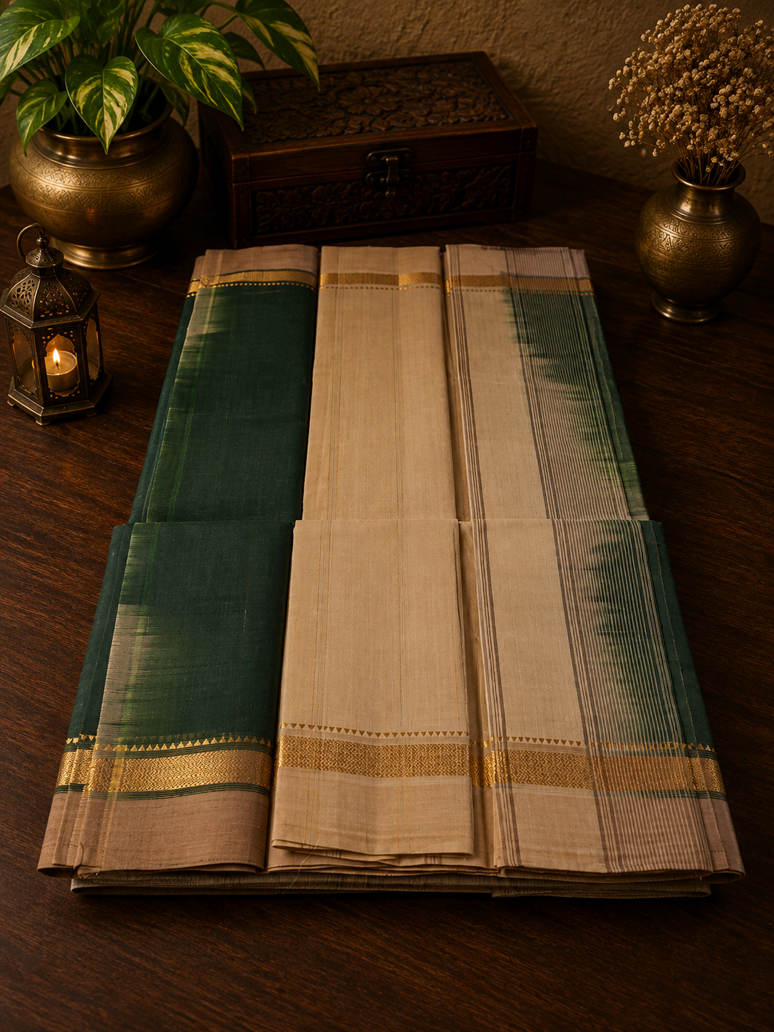 Forest Green Handwoven Cotton Saree With Beige and Golden Zari Border